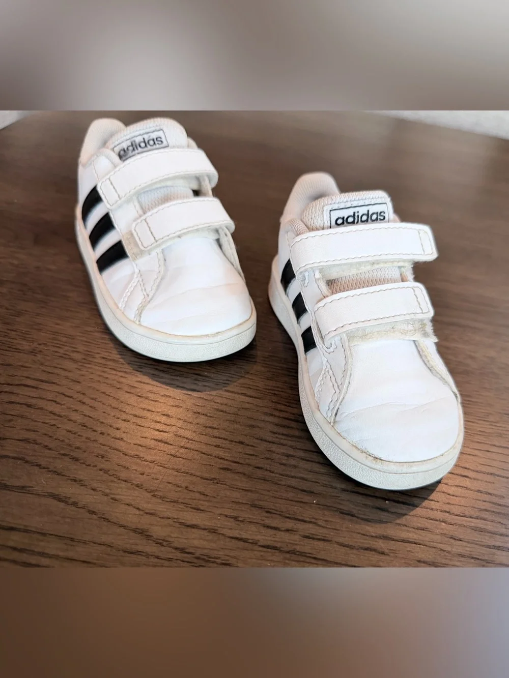 6K Adidas White and Black Kids Velcro Sneakers